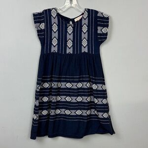 Pink Chicken Girls Blue Embroidered Geometric Design 100% Cotton Dress Sz 7